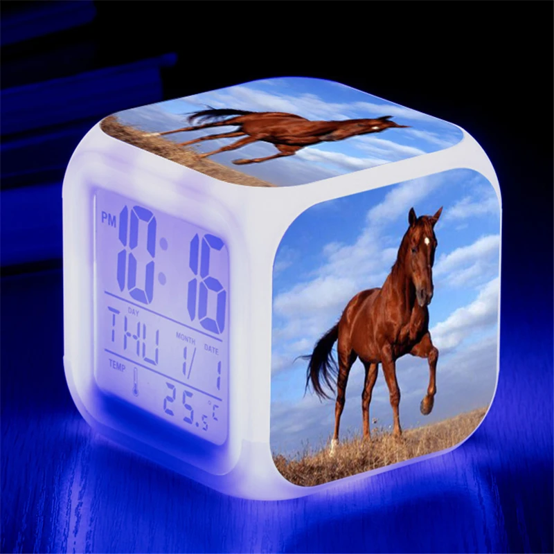 Animals Horse Digital Clocks Color Changing White Horses Led Alarm Clocks Action Figure Light Up Toys Doll Kids Gift