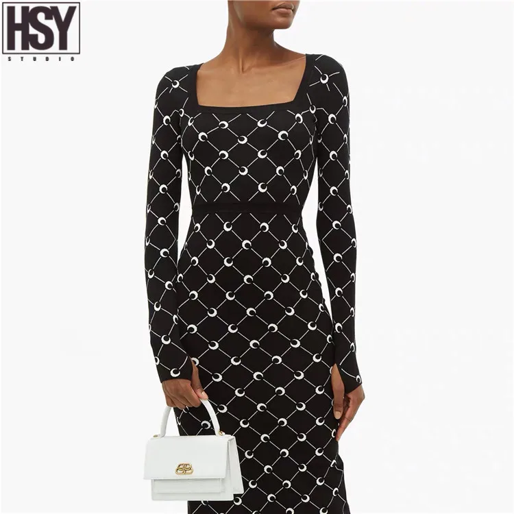 【HSY】 весеннее Новое Женское подиумное популярное Современное ретро-платье с рисунком Луны и Полумесяца и квадратным вырезом, стрейчевое облегающее трикотажное платье миди