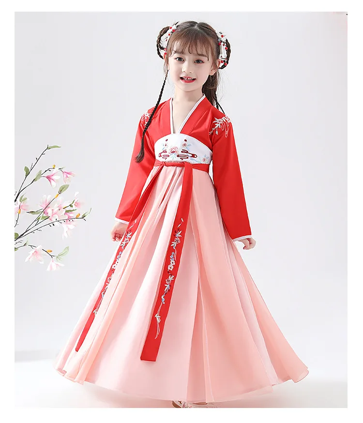 Детская одежда в китайском стиле Hanfu/весенне-осенний костюм в стиле ретро для маленьких девочек костюм для маленьких девочек с вышивкой