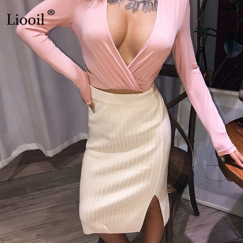 Liooil вязать сексуальный разрез Bodycon Миди юбка женская Осень Зима Высокая талия эластичный фестиваль низ вечерние Клубные узкая-карандаш