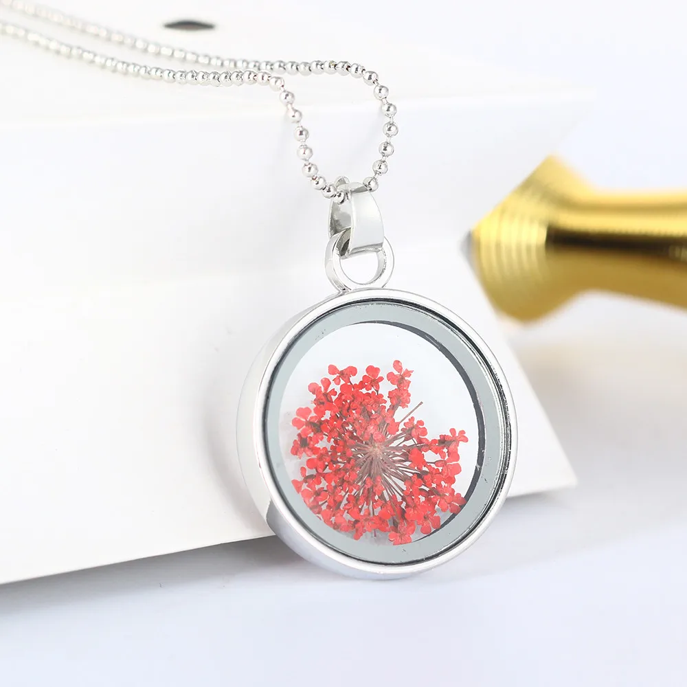 Круглые стеклянные парящие Медальоны кулон с высушенным цветком ожерелье s модное ожерелье летние ювелирные изделия для женщин/подарок девушке другу - Окраска металла: silver big red