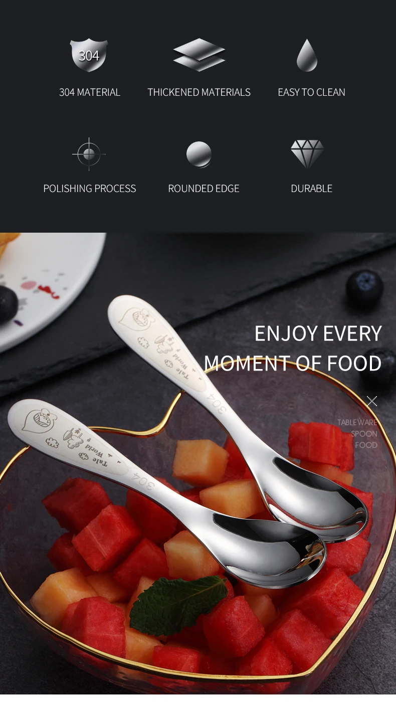 WORTHBUY 2 Pcs/Set Cartoon Kids Spoon 304 Stainless Steel Soup Spoon With Long Handle Serving Spoon Set Kitchen Soup Ladle Scoop