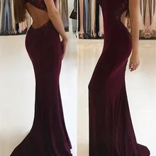 Бургундское платье для выпускного вечера с длинным вырезом на спине, вечерние платья с кружевной аппликацией, эластичные атласные вечерние платья, платье для выпускного вечера