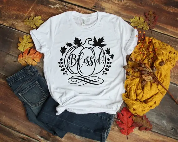 Винтаж топы на День Благодарения рубашка благословил Осенняя футболка с цветком