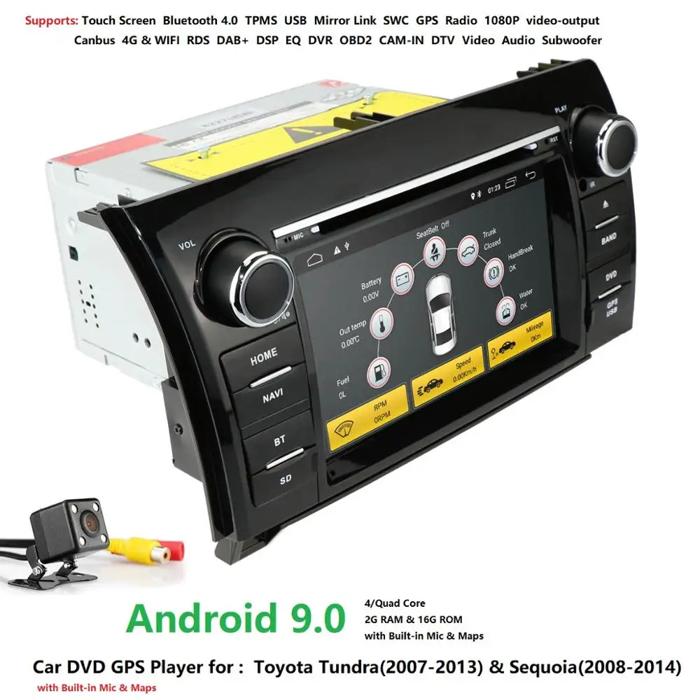 Excellent 7inch 2 Din Quad Core Android 9.0 voiture DVD GPS forToyota toundra Sequoia 2008-2013 Radio stéréo 4G WiFi OBD DVR DAB + 2