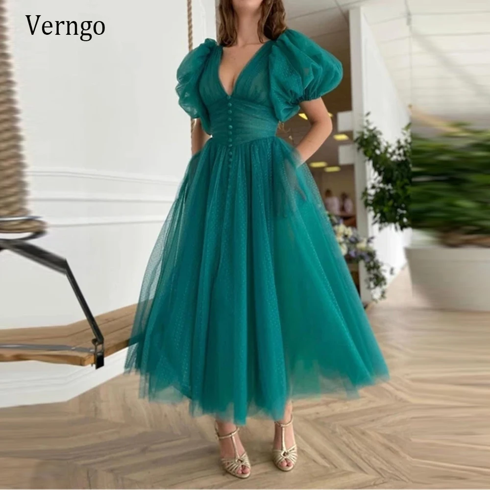 Verngo Tea Green Dotted Tulle Short Prom Dresses Puff Sleeves Buttoned