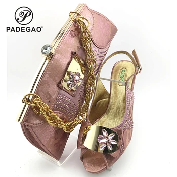 

Pink Color Nigerian Women New Design Shoe and Bag Set with Shinning Crystal High Quality Italian Lady Shoes and Bag to Match