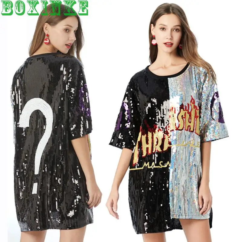 Kpop, Корейская Новая Европейская и американская футболка с вышитыми пайетками и единорогом, женский комбинированный Топ средней длины с неровным подолом