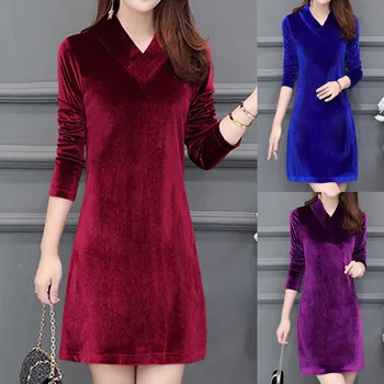 

Winter Women V-neck Velvet Long Sleeve Slim High Waist Midi Dress Dropshipping Winter 2020 fashion Selling