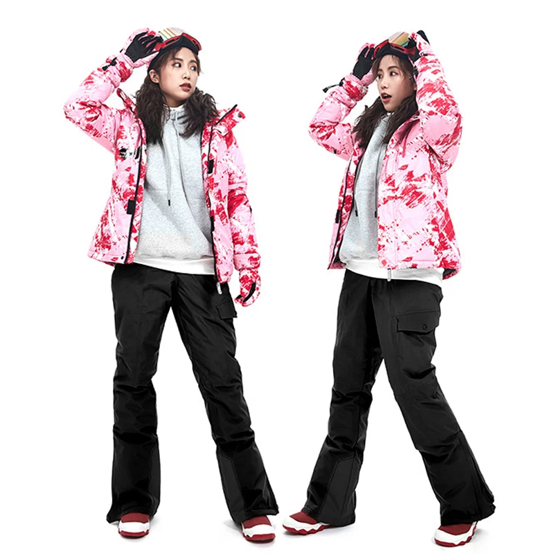 Лыжный костюм для женщин, водонепроницаемая зимняя куртка+ брюки, костюмы для сноубординга, водонепроницаемый ветрозащитный зимний костюм, одежда размера плюс