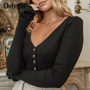 

Darlingaga Fashion Elegant V Neck Bodysuit for Women Skinny Autumn Body Flare Sleeve Buttons Black Bodysuits Solid Basic Bodies