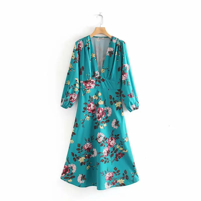 Новинка, женское кимоно с глубоким v-образным вырезом, плиссированное, ТРАПЕЦИЕВИДНОЕ ПЛАТЬЕ, женское элегантное платье с цветочным принтом, повседневное тонкое шикарное вечернее платье DS2903 - Цвет: as pic DS2903LD
