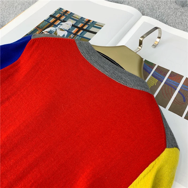 Женский свитер осень/зима цветной блок сшивание камвольной шерсти свитер