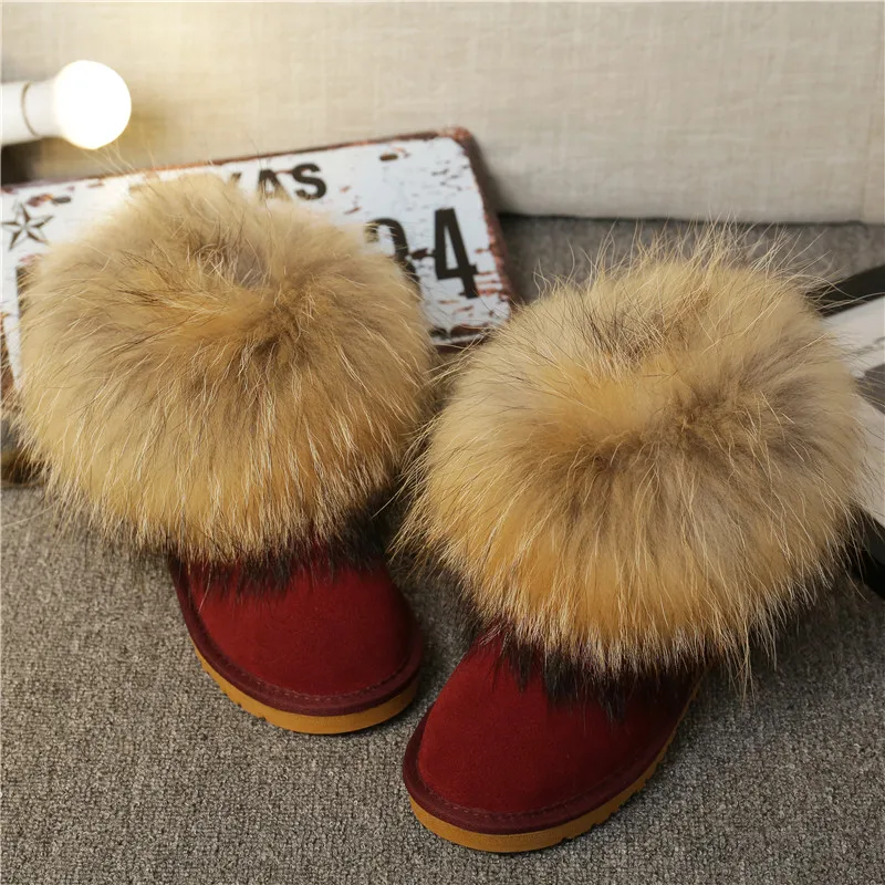 Модные женские зимние ботинки из натуральной кожи с натуральным лисьим мехом; теплые зимние ботинки; ботильоны без застежки; женские ботинки с мехом енота - Цвет: Wine Red