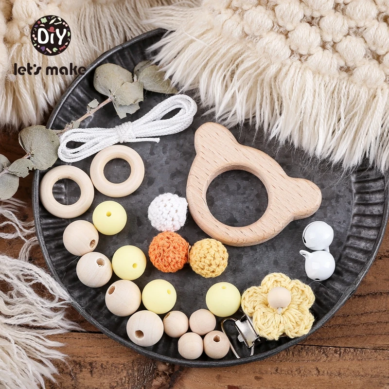 Let's Make Wooden Teether Crochet Beads Baby Goods Toys Flower Bell Bear Hedgehog DIY Pacifier Chain Set Pendant For Pacifier