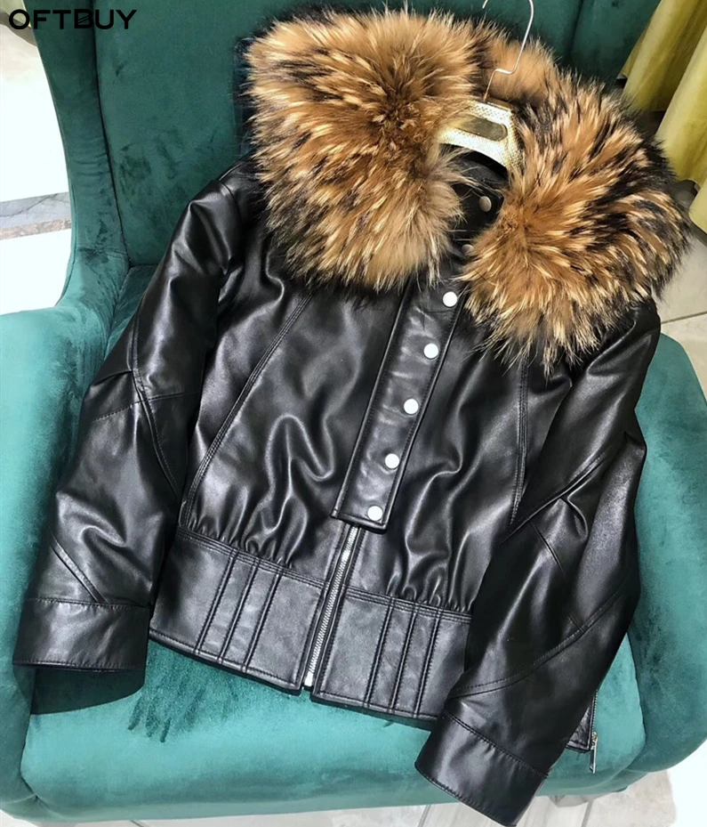 OFTBUY, новинка, зимняя куртка для женщин, пальто из натурального меха, воротник из натурального меха енота, верхняя одежда из натуральной овечьей кожи, теплая уличная одежда