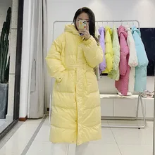 

SHNSOPHI Winter Long Down Jackets 90% White Duck Women Coat Warm Light Feather Hooded Loose Puffer with Belt Snow Fluffy Outwear