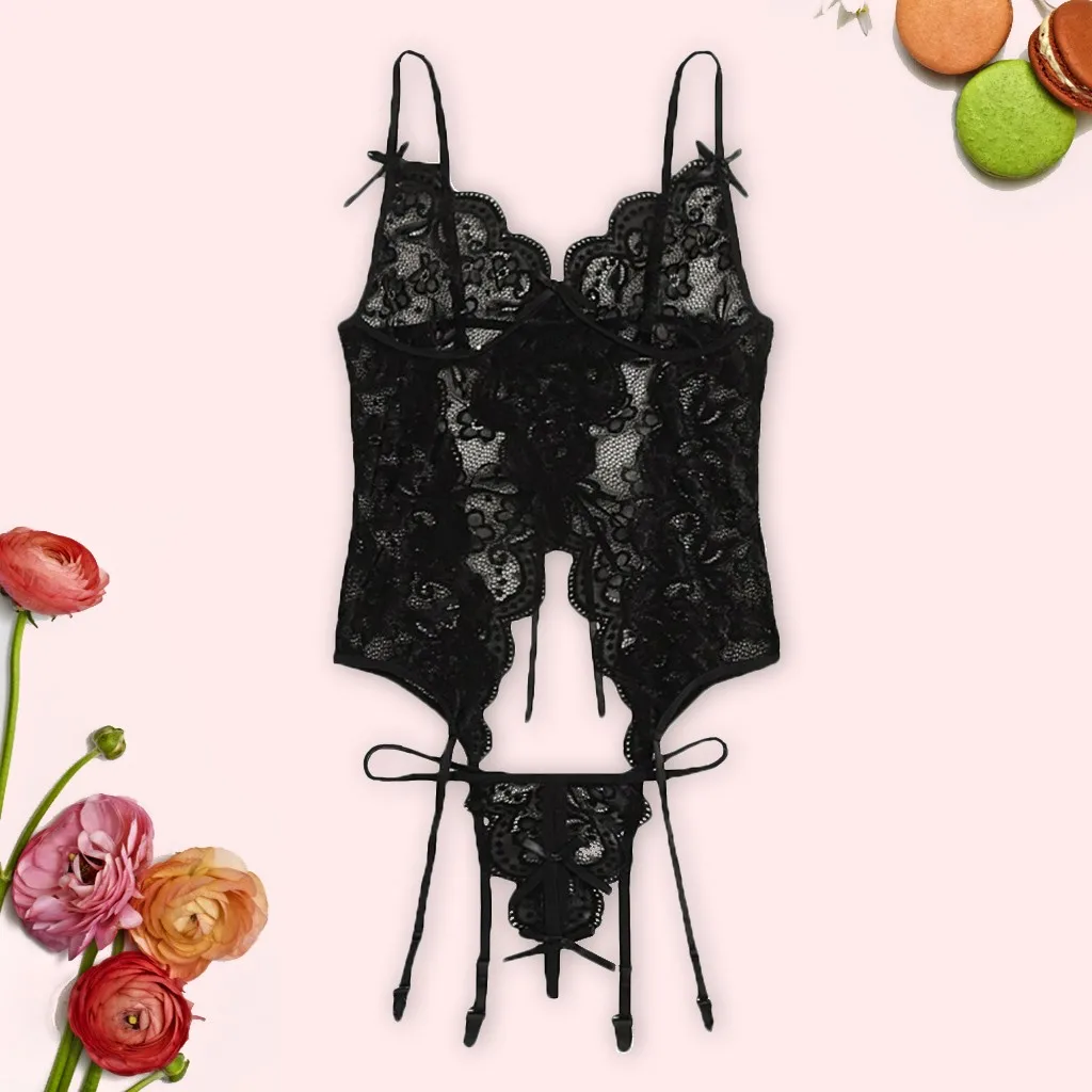 Sexy Women lady Lace V-neck Bodysuit Thong With Garter Set Summer Lace Bodysuit Women Deep V Neck Sexy&50