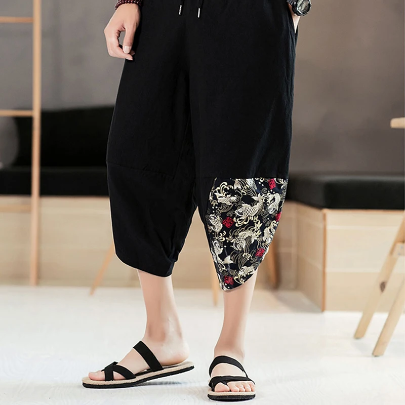 Summer New Men's Loose Spliced Harem Pants Casual Big Crotch Calf-Length Pattern Pencil Trousers Solid Color Drawstring