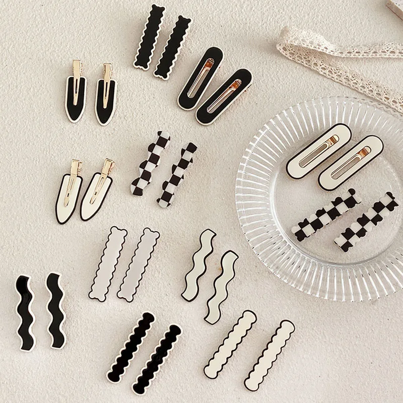 2/4/6pcs/set Women Elegant Black White Checkerboard Geometric Hairpins Sweet Side Hair Clips Barrettes Fashion Hair Accessories