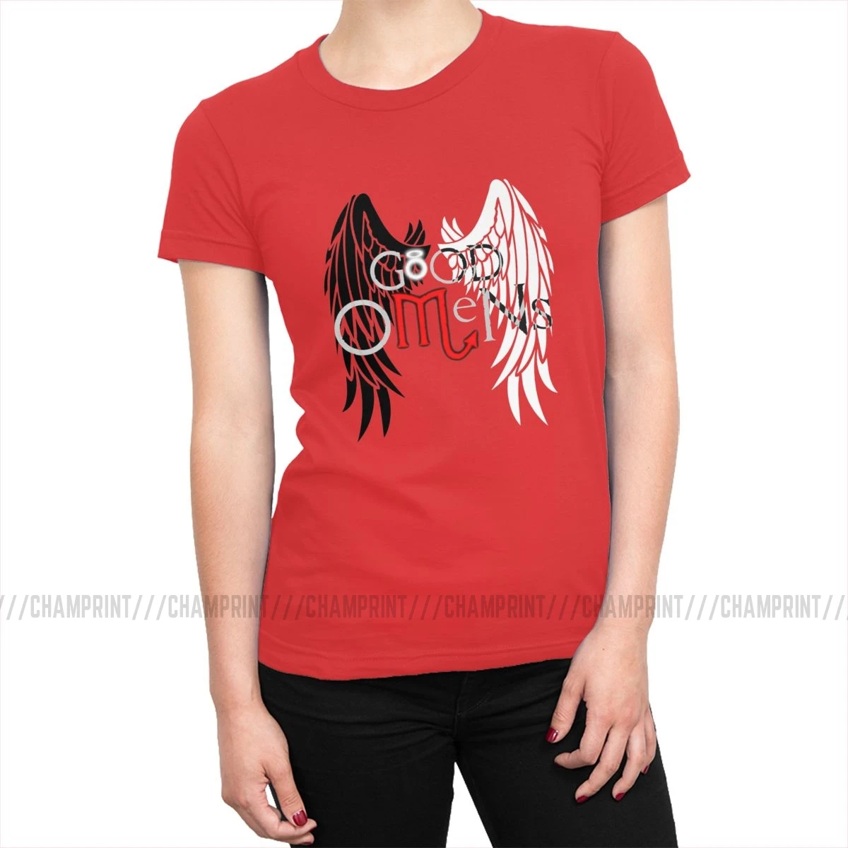 Футболки Good Omens женские неэффектные Aziraphale Crowley Demon Angel из чистого хлопка футболка гранж Топы И Футболки в стиле рок женская одежда - Цвет: Красный