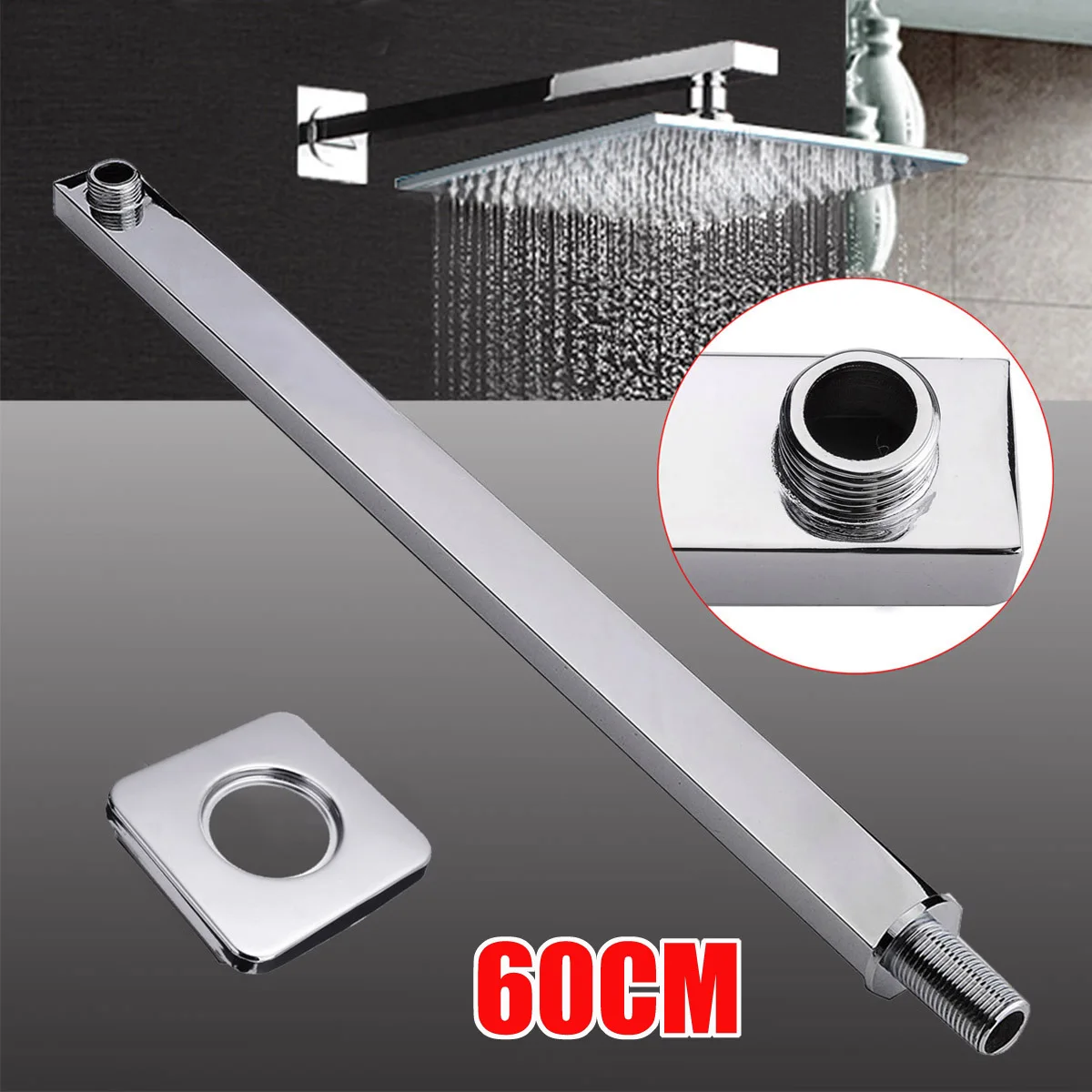 

60cm Shower Extension Arm Square Chrome Wall Mounted Shower Arm Bathroom Shower Head Bracket for Home Bathroom Hardware