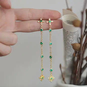 

Authentic 925 Sterling Silver Green CZ Crystal Vintage Stud Earrings Cross Tassel Cubic Zirconia Earring Women Accessories