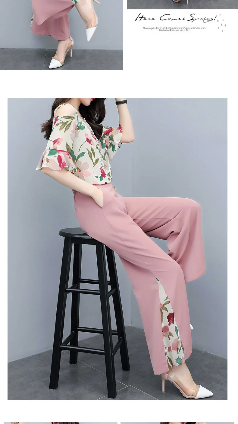 Новые Модные Элегантные шифоновые костюмы из 2 предметов летние женские рубашки с коротким рукавом и цветочным принтом Блузка и широкие брюки наборы