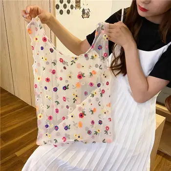 

Reusable Flower Embroidery Mesh Cloth Shopping Bag Shoulder Pouch Grocery Bags X5XA