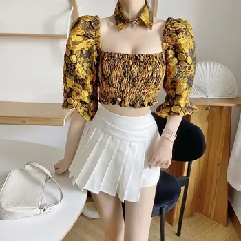 

2020 Smaller Design New High Street Retro Palace Style-Square Collar by Age Puff Sleeve Pleats Printed Top