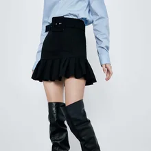 Осенняя Женская юбка с декоративным поясом, повседневные однотонные плиссированные мини-юбки