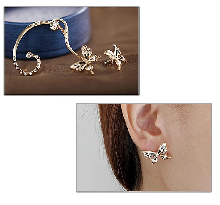 Lovely Crystal Butterfly Ear Cuff Earrings For Women Trendy Gold Ear Stud Fashion Rhinestone Clip On Earring Party Jewelry 1pcs