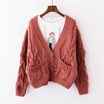 

With Two Pockets Women Autumn Sweater Knitted Casual 2019 Female Cardigan