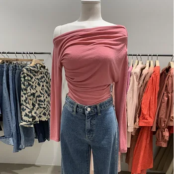 

South Korea Dongdaemun 2020 Autumn New Style Horizontal Neck Long Sleeve Pleated T-shirt Female Cardiac off-the-Shoulder Versati