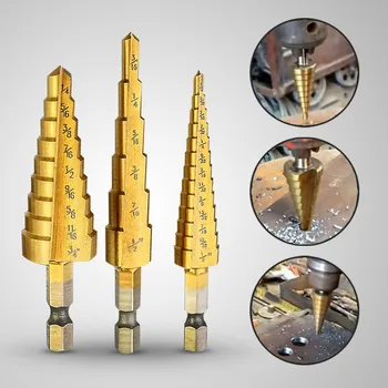 

3pcs HSS Titanium Coated Step Cone Drill Bit Hole Cutter Dint Tool Hex Shank Step Drills shank Coated Metal Drill Bit