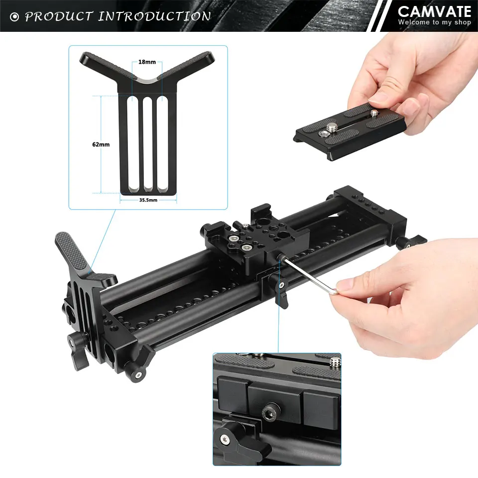 Manfrotto QR Plate With Bottom Bridge Plate & 15mm Dual Rod Sliding Rail & Lens