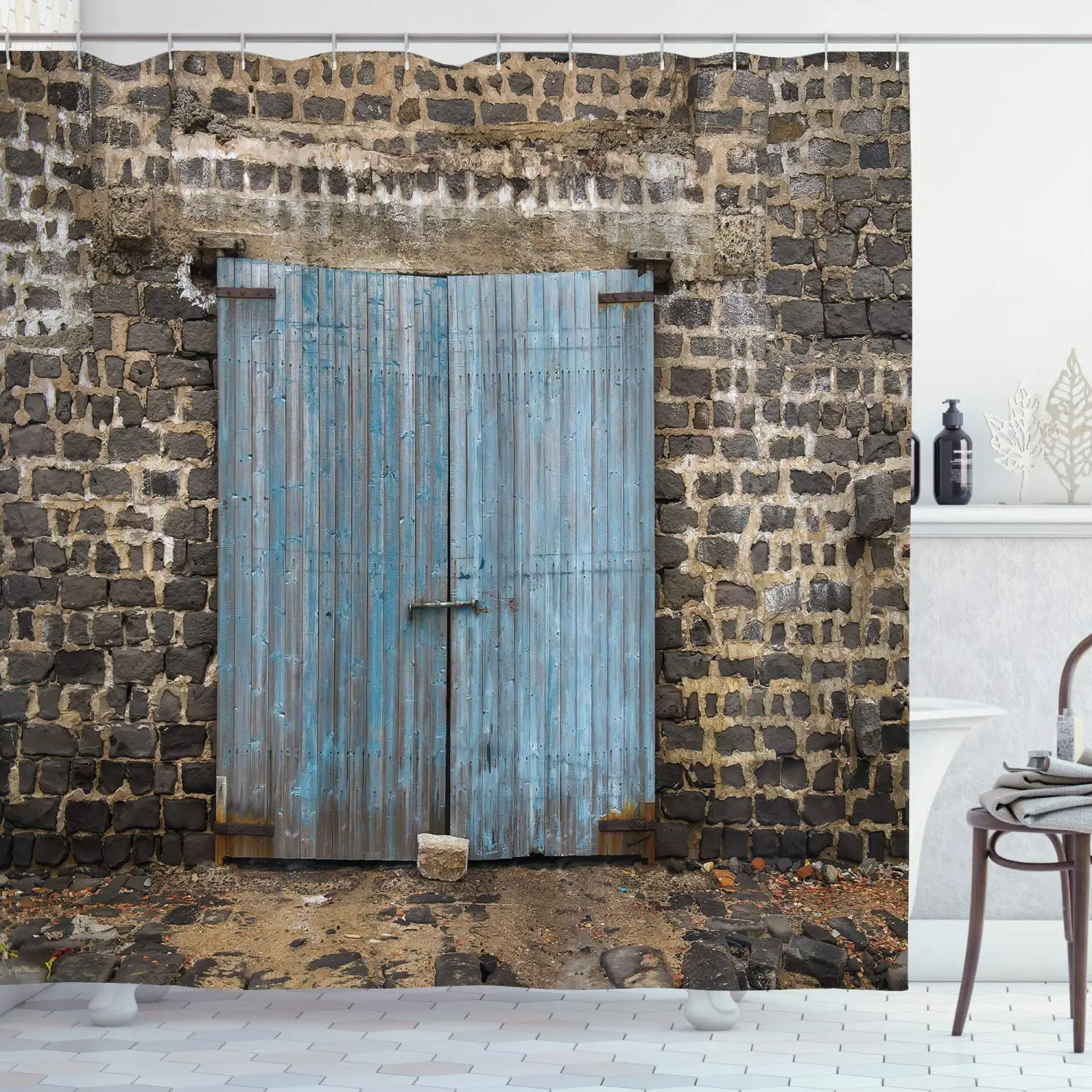 Деревенская душевая занавеска каменная стена датированная Закрытая сарай
