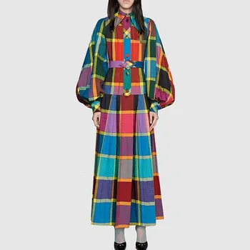 

Women Lantern Sleeve Plaid Dress Colorblock High Waist Ankle Length Maxi Dress 2020