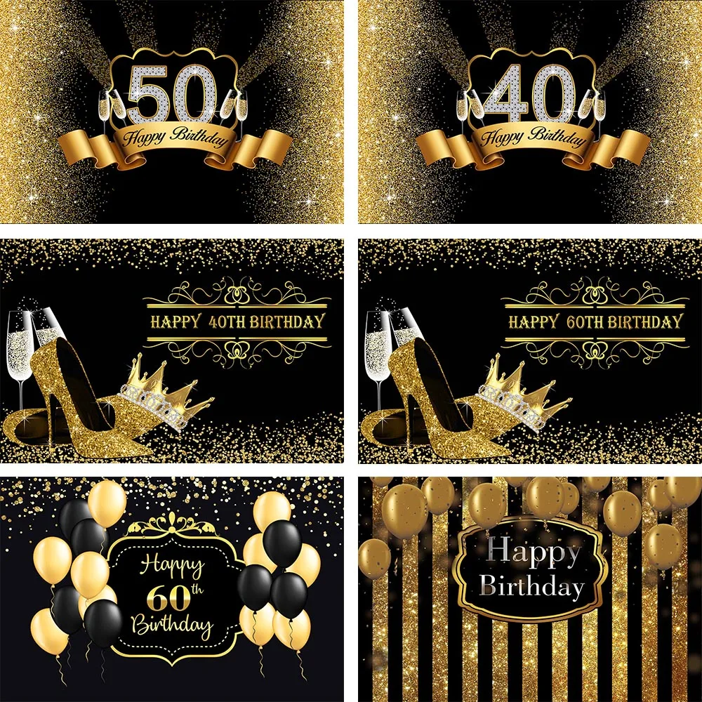 

Avezano 50th 60th 40th Adults Birthday Party Backdrops Black Golden Crown Glitter High Heel Balloon Decor Photography Background