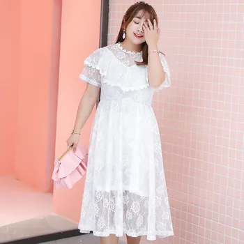 

Women's summer solid color lace ruffle dress plus size calf length casual wear 100 kg can be worn