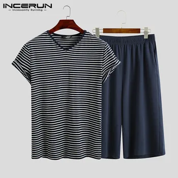 

INCERUN Summer Men Pajamas Sets Striped V Neck Short Sleeve Tops Pyjamas Leisure Soft Shorts Mens Sleepwear Suit Homewear S-5XL