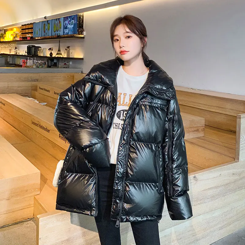 

Fashion Medium Long Stand Collar Parka 2020 New Winter Jacekt Women Casual Glossy Parka Oversize Coat Black