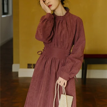 

WAVSIYIER runway dress women vintage bohemian elegant long sleeve 2020 spring autumn a-line solid red midi dress ladies vestidos