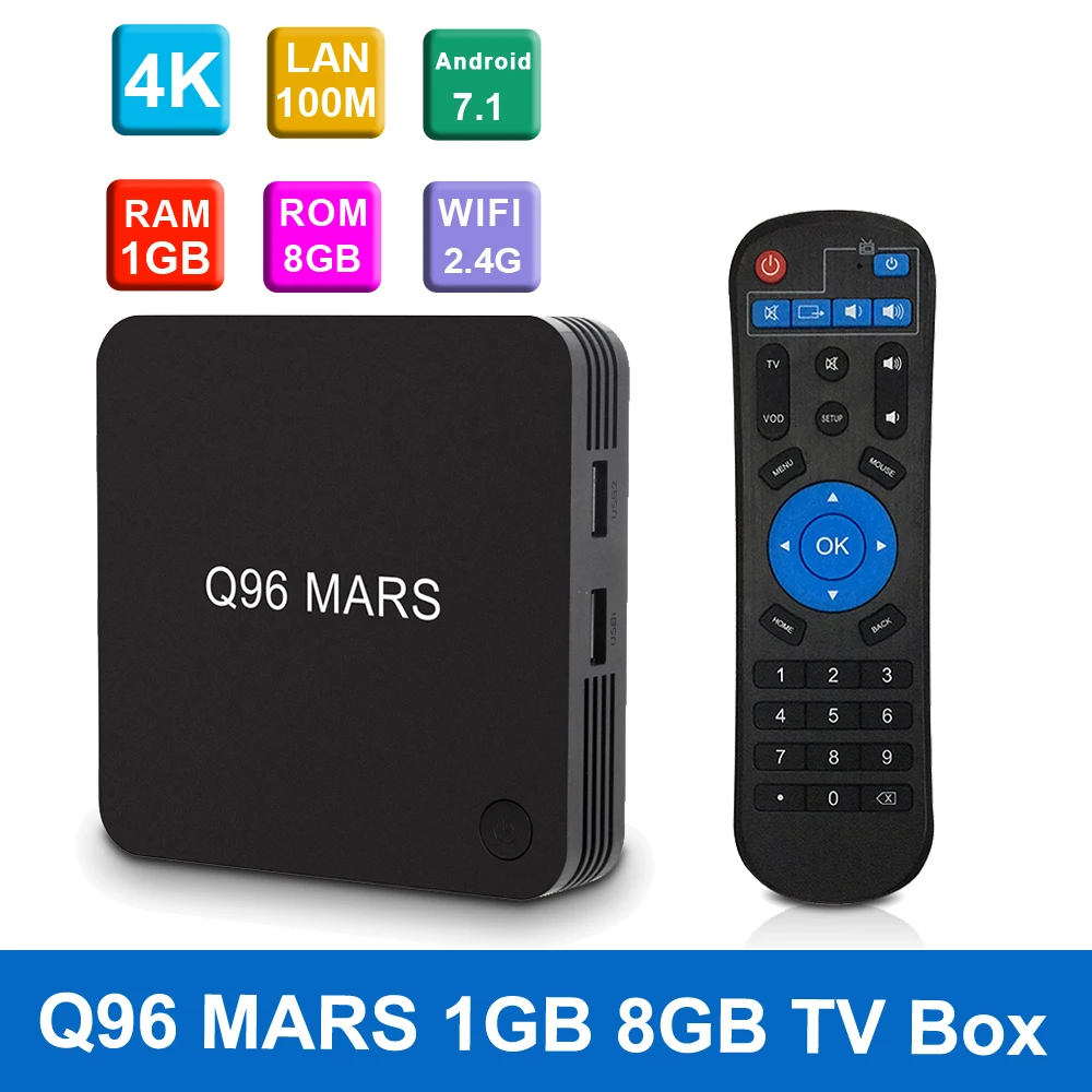 Q96 ТВ приставка MARS Android 7,1 ТВ приставка Amlogic S905W Четырехъядерный 4K VP9 H.265 1 ГБ/8 ГБ 2,4G WiFi 100M LAN HD Смарт медиаплеер