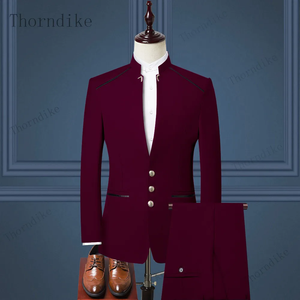 Men Suit Chinese Style Stand Collar Blazer Wedding Groom Set Tuxedo