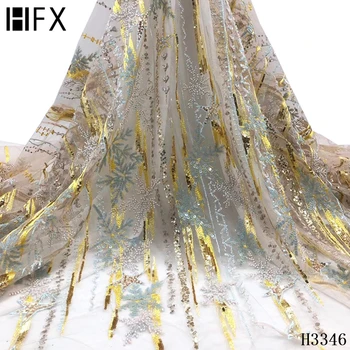 

HFX beautiful french lace fabric 5yards embroidered sequins beads tulle lace fabric fashion lace for wedding party dress H3346