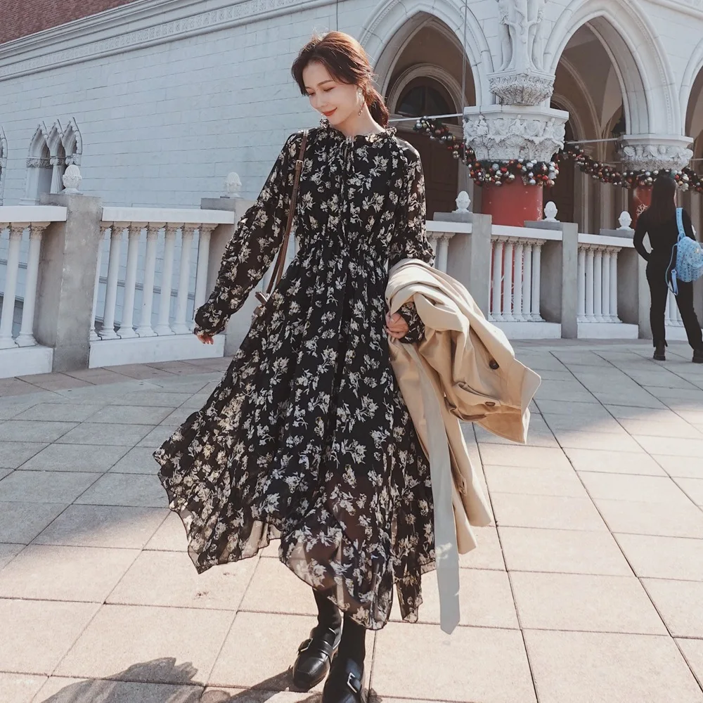 

Photo Shoot Long Fashionable Waist Hugging Chiffon Skirt 2020 Spring New Style WOMEN'S Dress Retro CHIC-Style Floral Skirt Dress