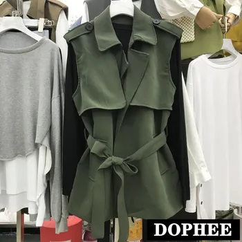 

New 2019 Autumn Women's Sleeveless Khaki Vest Jacket + Long Sleeve Undershirt Two Piece British Style Female Waistcoat Jackets