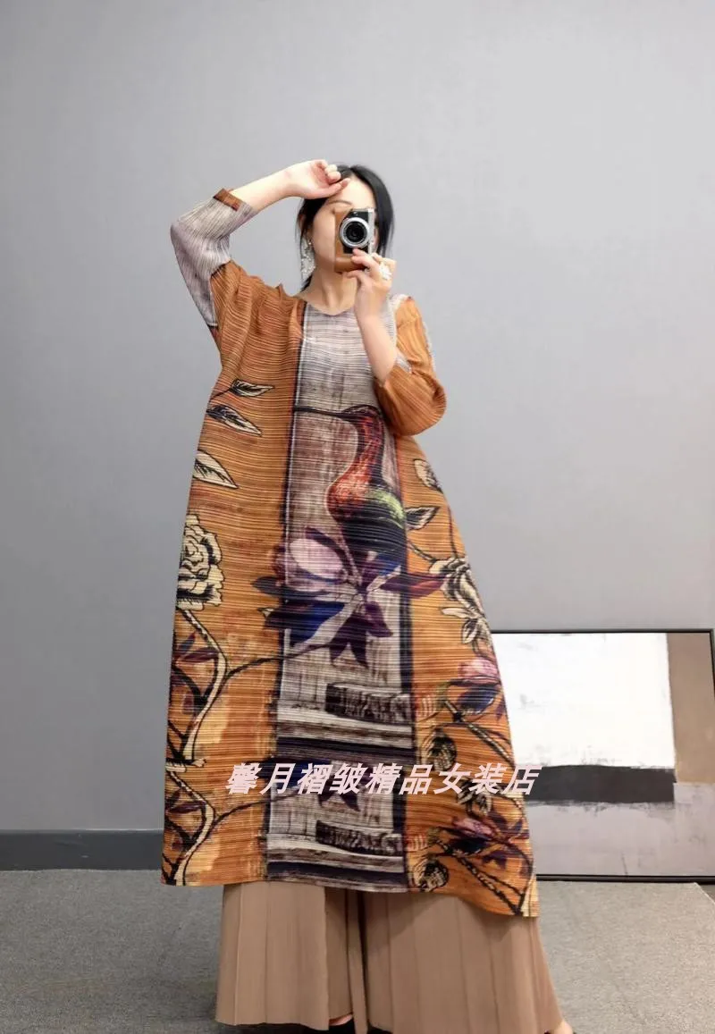 Горячая Miyake fold три четверти печати длинное платье+ Твердые широкие брюки костюм