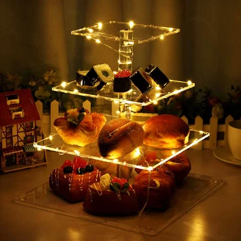 

4 Layers Cake Stand Tray Party Acrylic Wedding Cupcake Display Holder Tools LED String Light DIY Christmas Decorations for Home